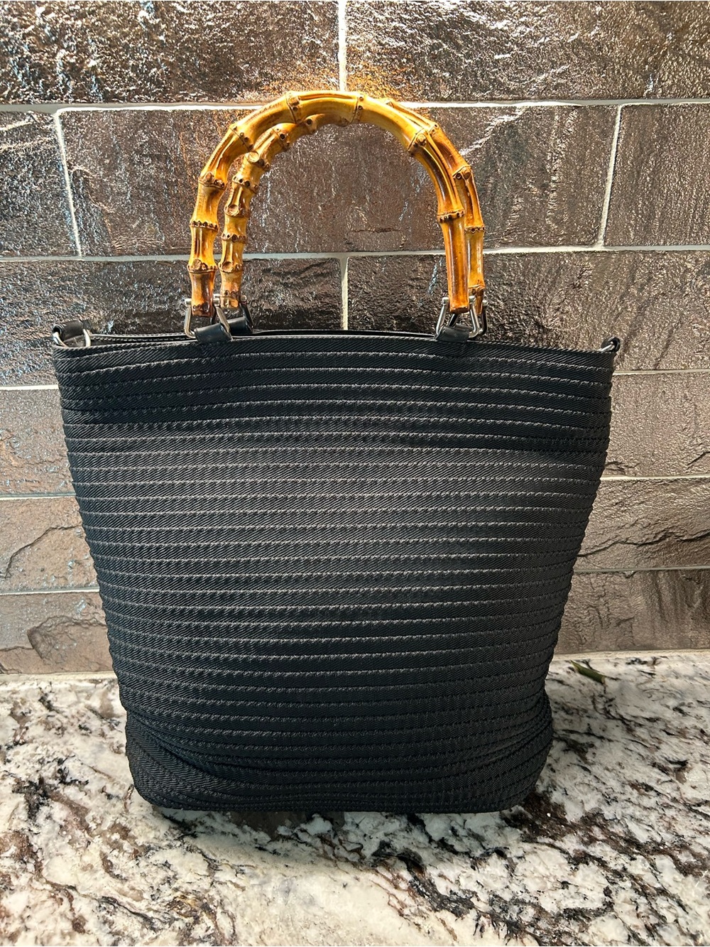 Gucci Black Woven Tote with Bamboo Handles EUC